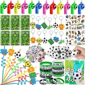 Winrayk 146Pcs Soccer Party Favors Birthday Supplies for Kids, Straw Bouncy Ball Puzzle Toy Bracelet Gift Bag Whistle Sticker Keychain, Goody Stuffer Girls Boys Sports Soccer Themed Party Favors Decor