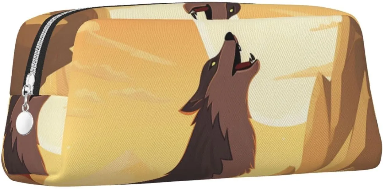 Wolf Makeup Bag for Women Men Pencil Pouch Travel Small Cosmetic Bag Zippered Toiletry Bags Aesthetic Pen Bags Trendy Storage Bags Leather Coin Pouch Purse
