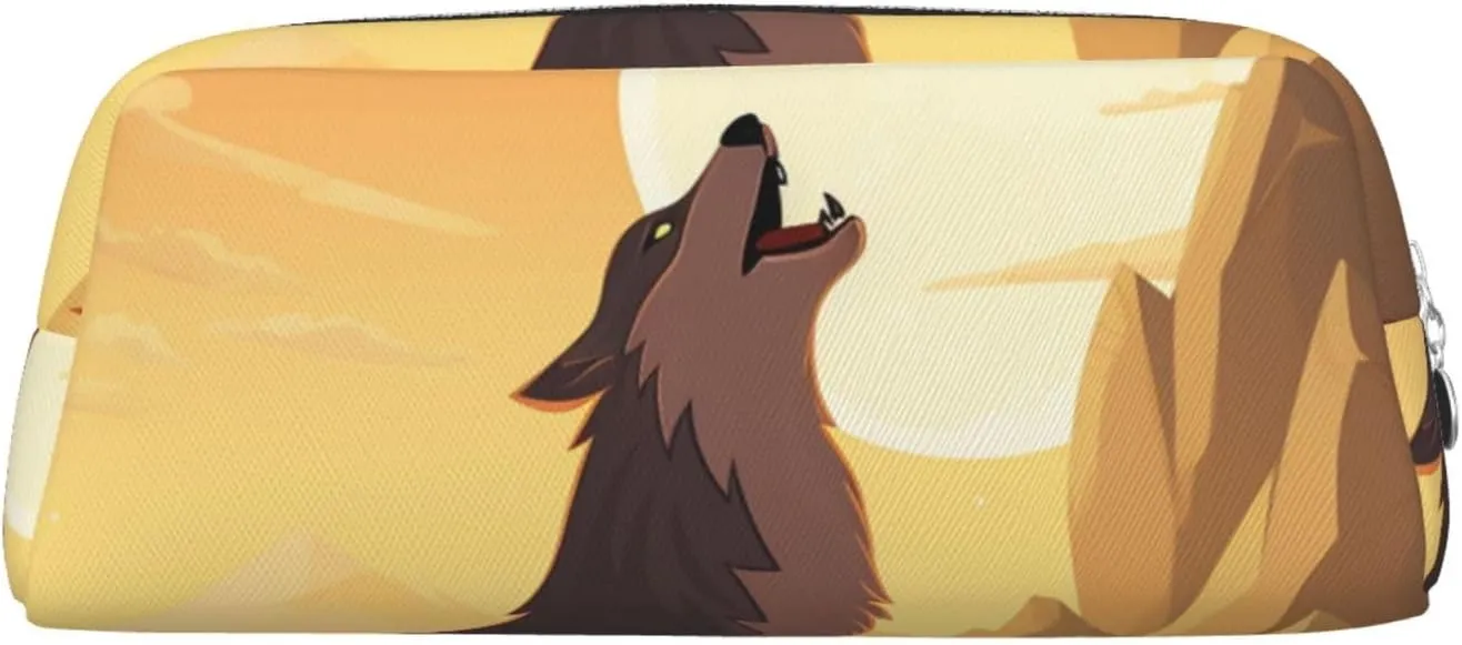 Wolf Makeup Bag for Women Men Pencil Pouch Travel Small Cosmetic Bag Zippered Toiletry Bags Aesthetic Pen Bags Trendy Storage Bags Leather Coin Pouch Purse