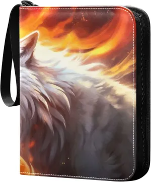 Wolfs with Fire Card Binder 4 Pocket Collectible Trading Card Albums with 50 Sleeves Double Side PU Waterproof 3 Ring for Sports & Game Cards