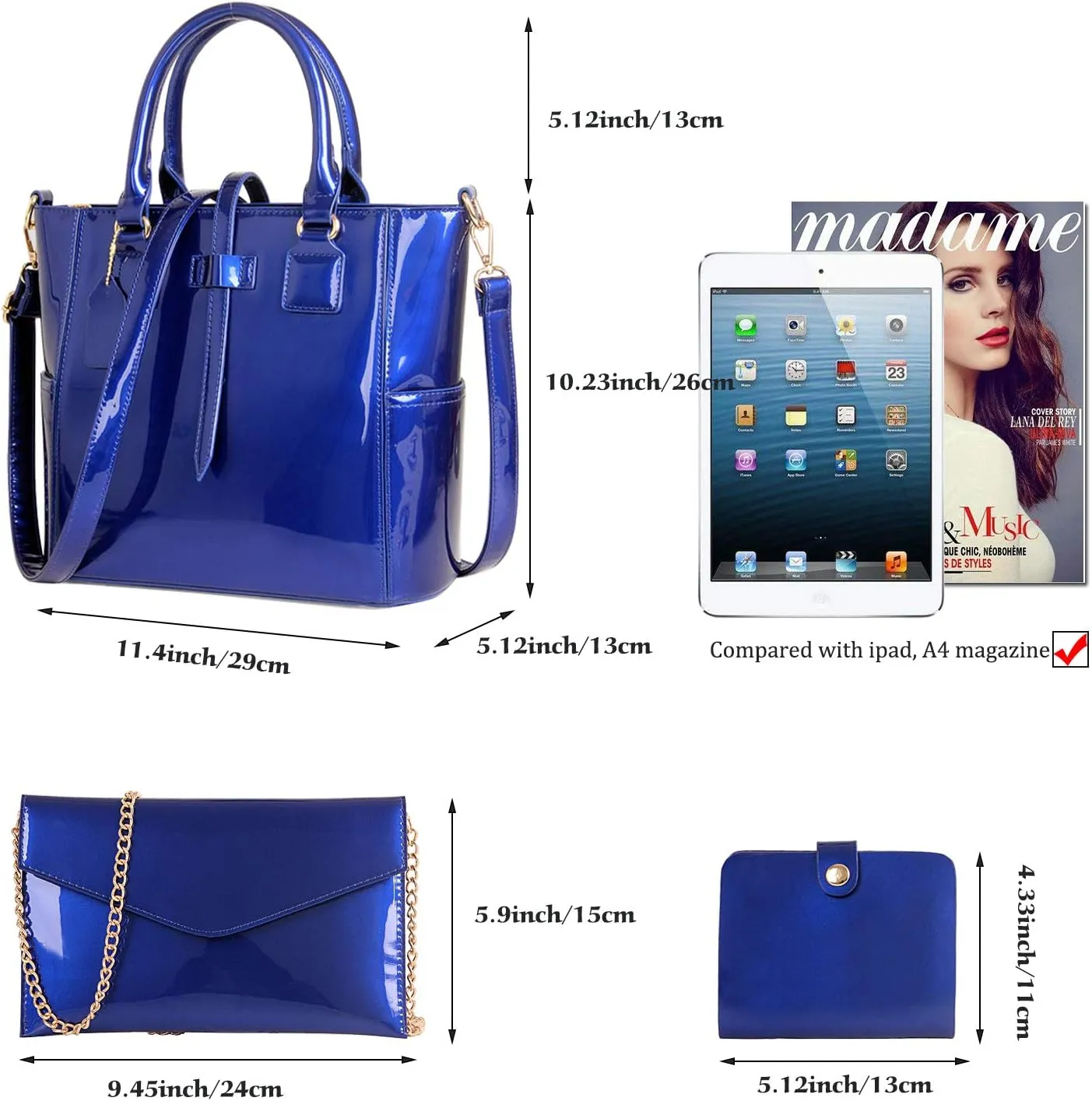 Women Fashion Handbags Patent Leather Tote Purses Shoulder Top Handle Bags 3pcs