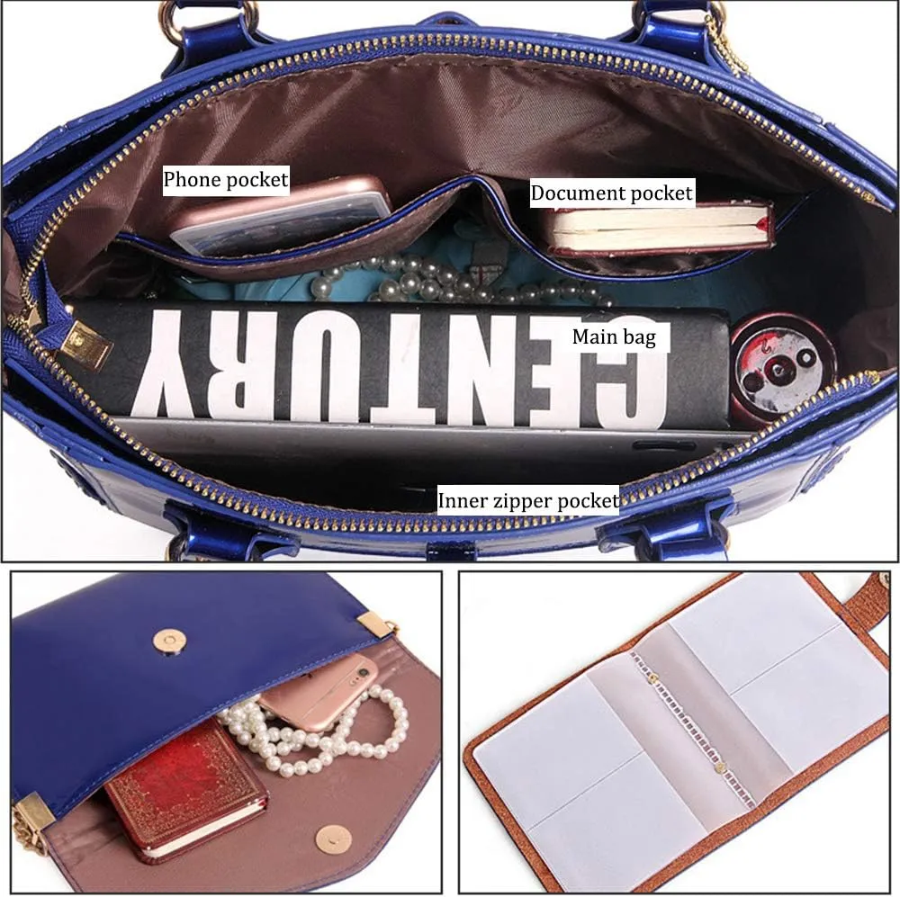 Women Fashion Handbags Patent Leather Tote Purses Shoulder Top Handle Bags 3pcs