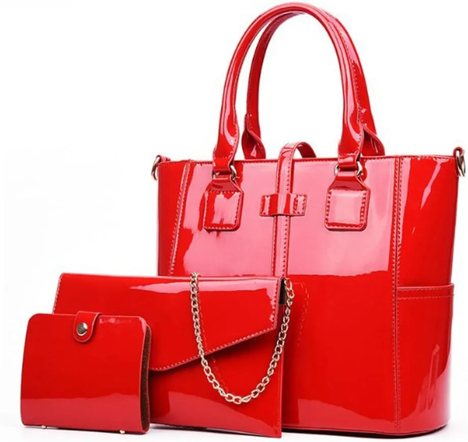 Women Fashion Handbags Patent Leather Tote Purses Shoulder Top Handle Bags 3pcs