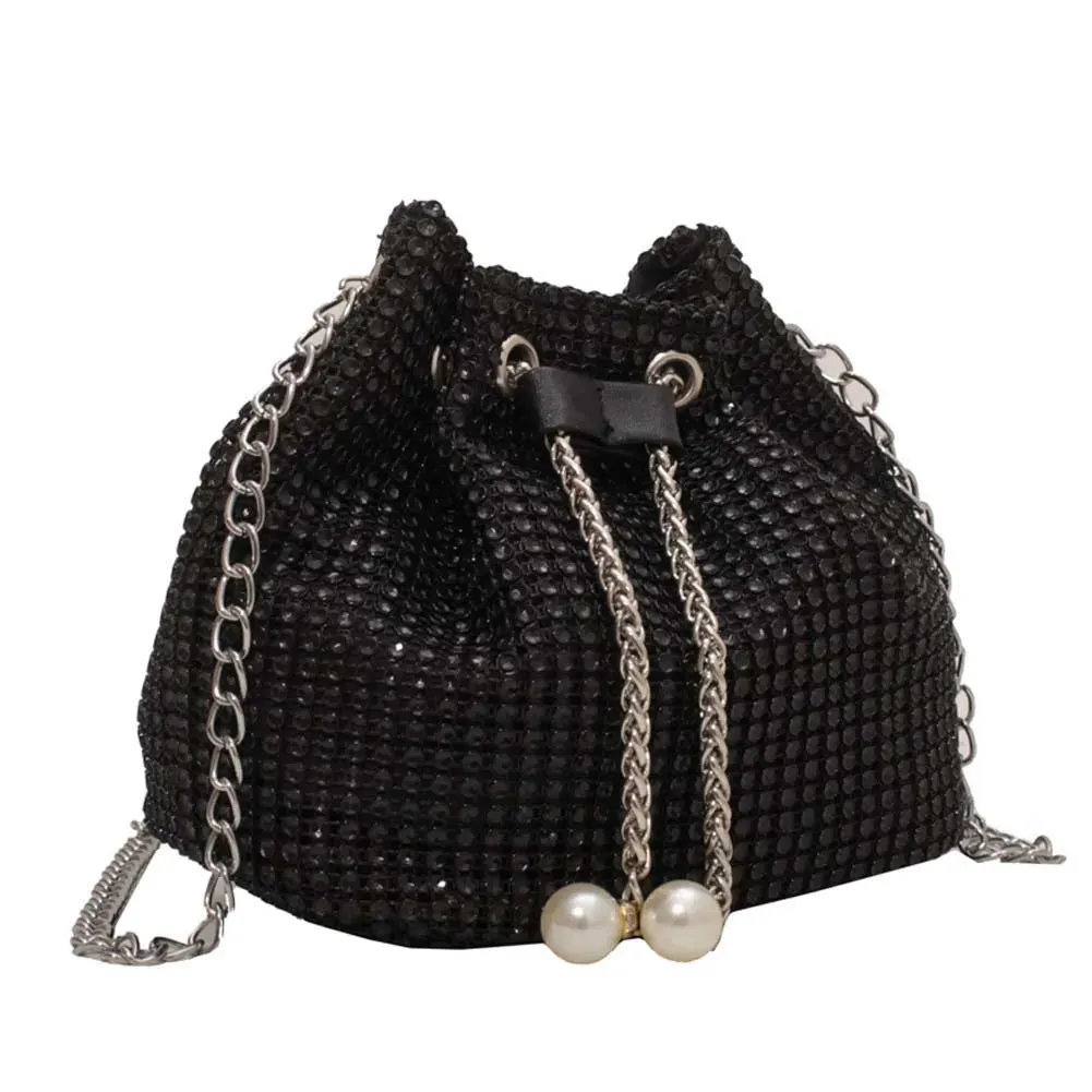 Women Luxury Shoulder Bag Solid Color Rhinestone Glittering Satchel Bag Drawstring Shinny Sling Purse Dinner Party Bag
