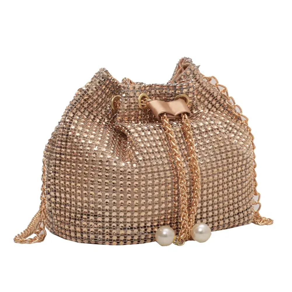 Women Luxury Shoulder Bag Solid Color Rhinestone Glittering Satchel Bag Drawstring Shinny Sling Purse Dinner Party Bag