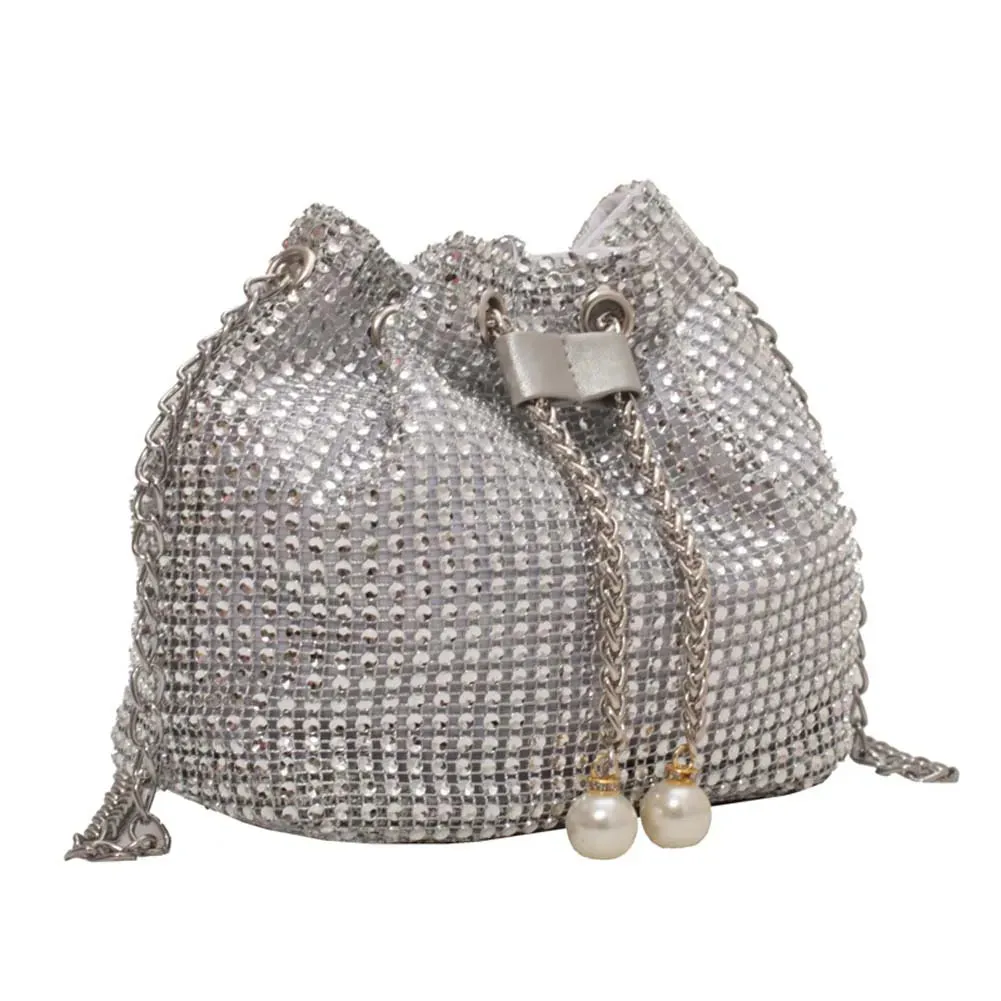 Women Luxury Shoulder Bag Solid Color Rhinestone Glittering Satchel Bag Drawstring Shinny Sling Purse Dinner Party Bag