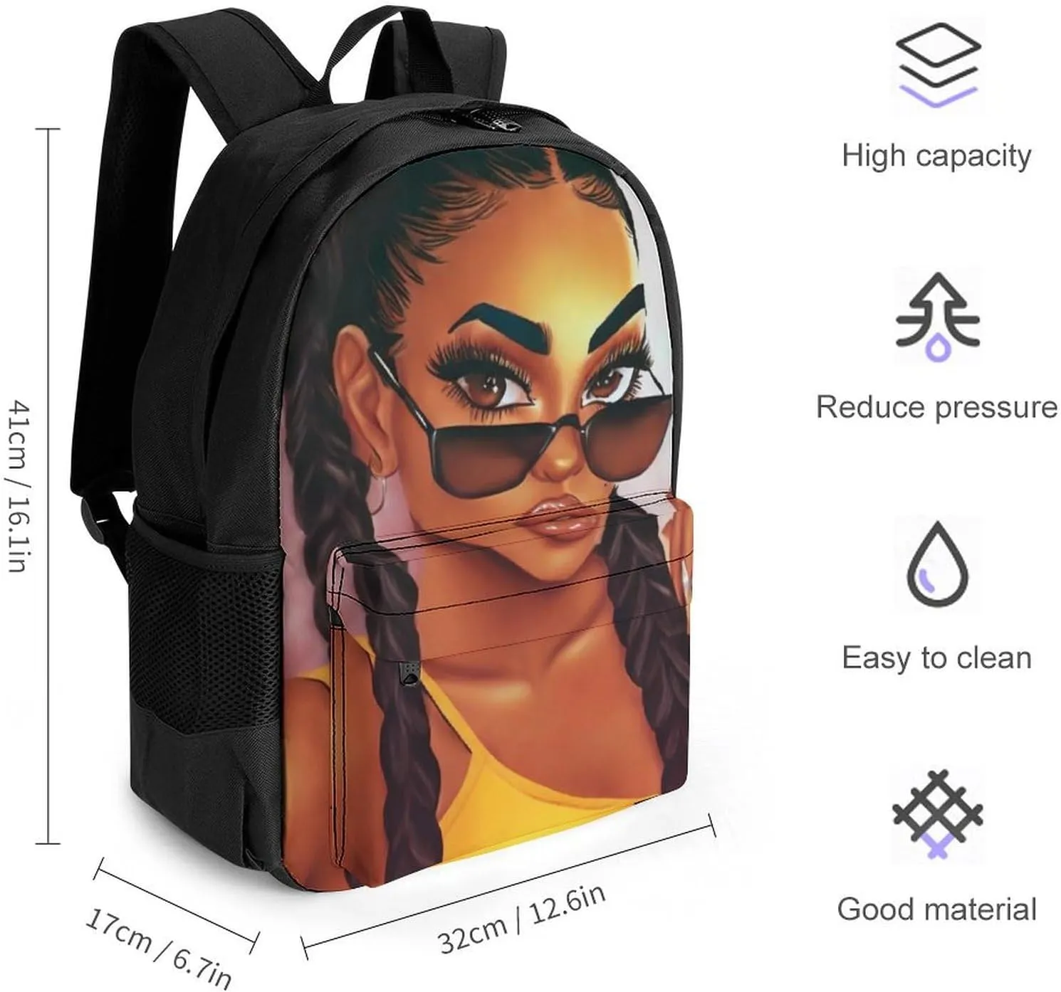 Women Men Polyester Abstract Fashion Black Woman Art African American Women Art Casual Daypack Large Capacity Bookbag With Side Pockets for Sports Picnic Walking Cycling
