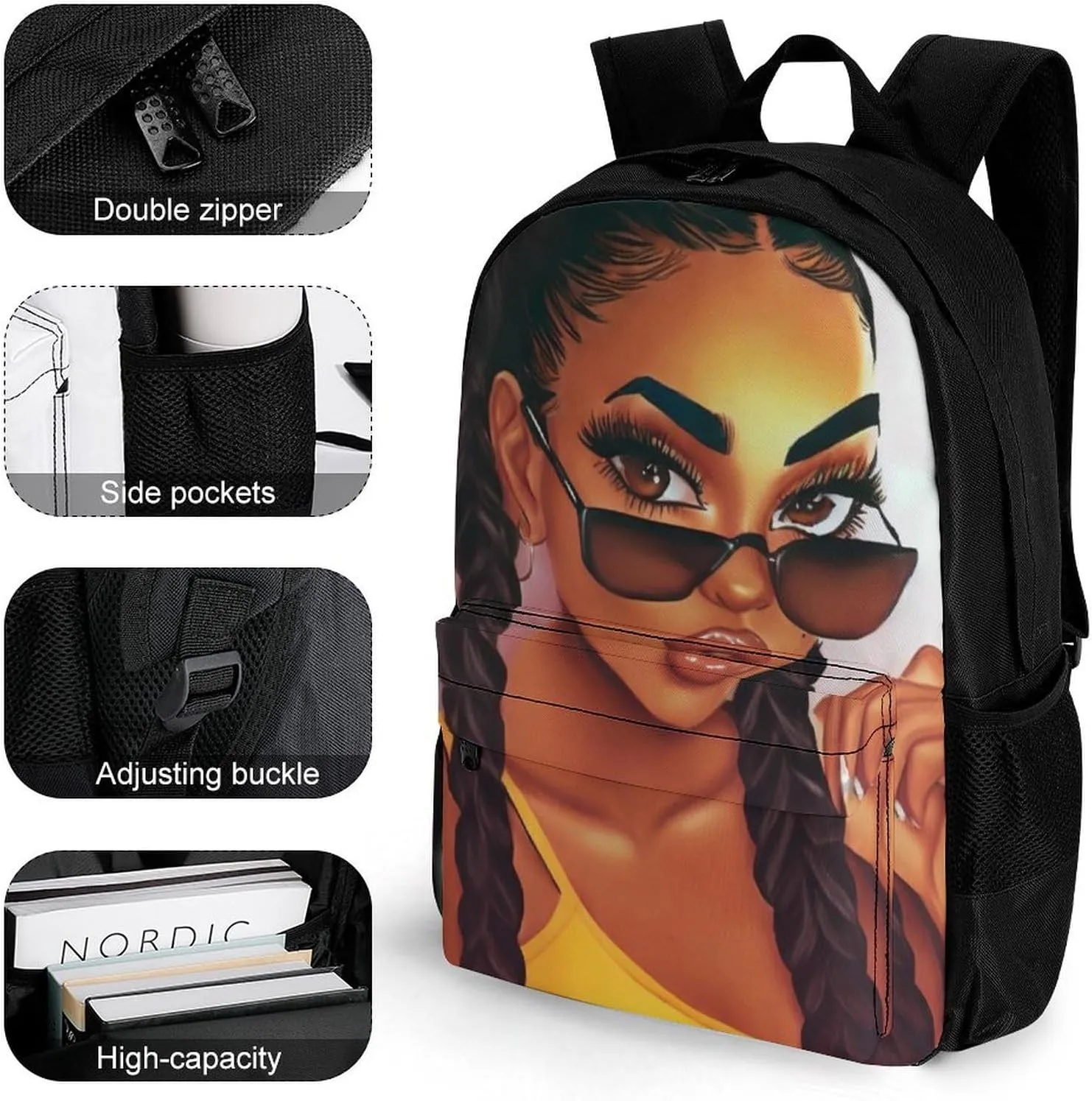 Women Men Polyester Abstract Fashion Black Woman Art African American Women Art Casual Daypack Large Capacity Bookbag With Side Pockets for Sports Picnic Walking Cycling