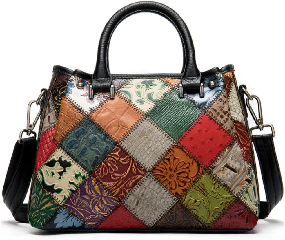 Women Multicolor Splicing Handbag Leather Tote Shoulder Purses Printing Satchels