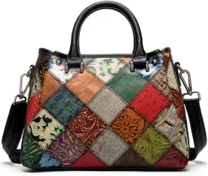 Women Multicolor Splicing Handbag Leather Tote Shoulder Purses Printing Satchels