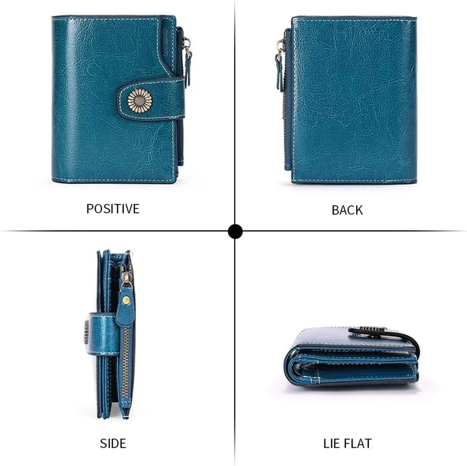 Women Small Bifold Wallets Genuine Leather RFID Blocking Purse with ID Window Zipper Card Holder Organizer Flap Bag