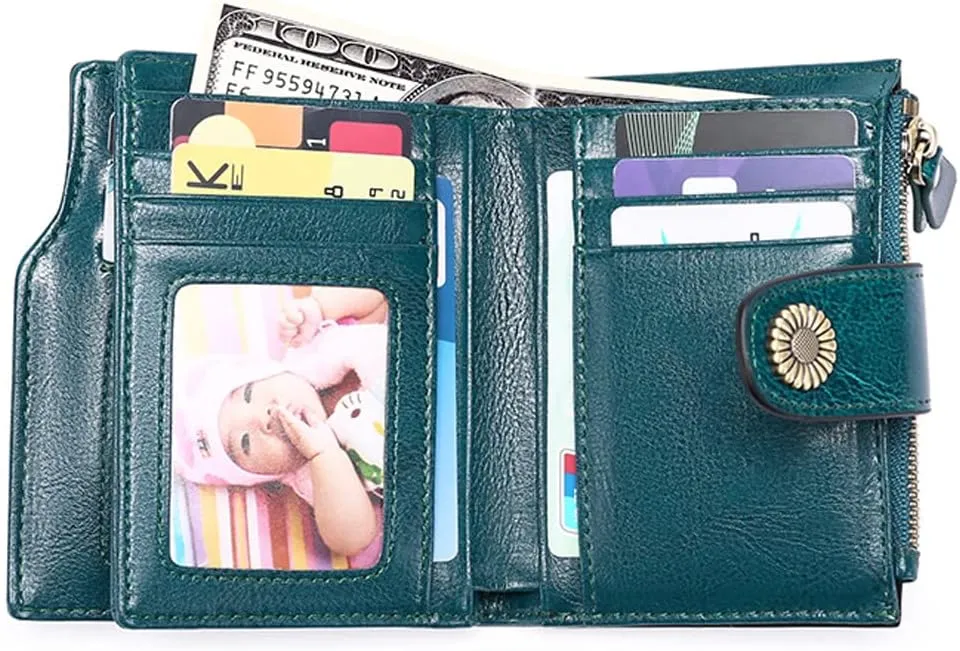 Women Small Bifold Wallets Genuine Leather RFID Blocking Purse with ID Window Zipper Card Holder Organizer Flap Bag