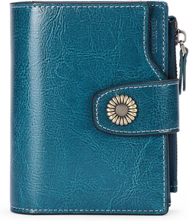 Women Small Bifold Wallets Genuine Leather RFID Blocking Purse with ID Window Zipper Card Holder Organizer Flap Bag
