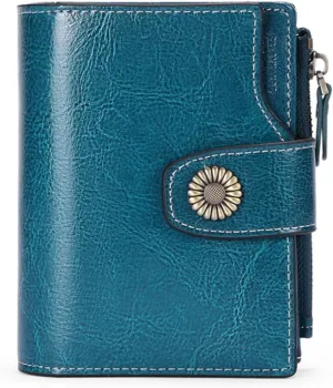 Women Small Bifold Wallets Genuine Leather RFID Blocking Purse with ID Window Zipper Card Holder Organizer Flap Bag