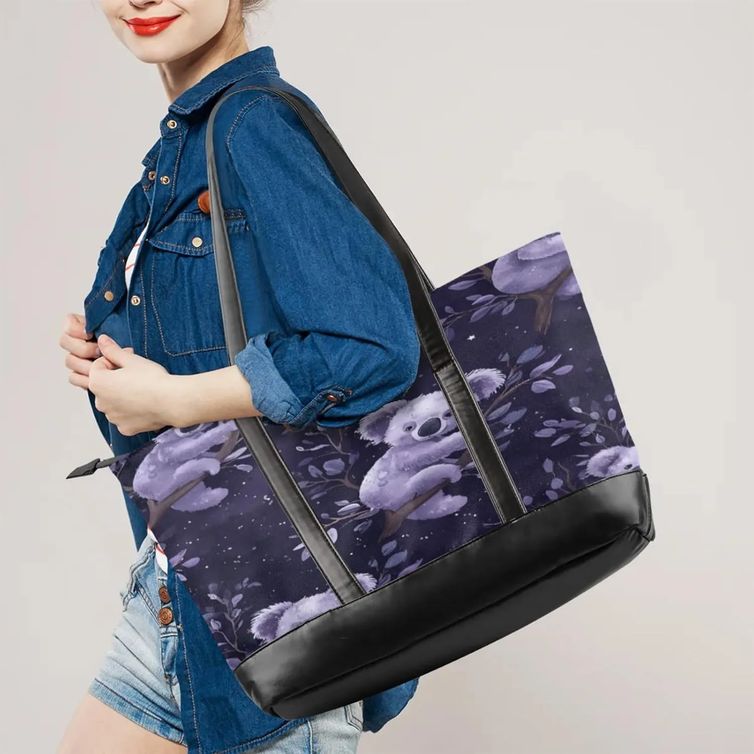 Women Tote Bag with Zipper, Shopper Handbag Travel Purse, PU Leather Laptop Tote Bags, Weekender Bags