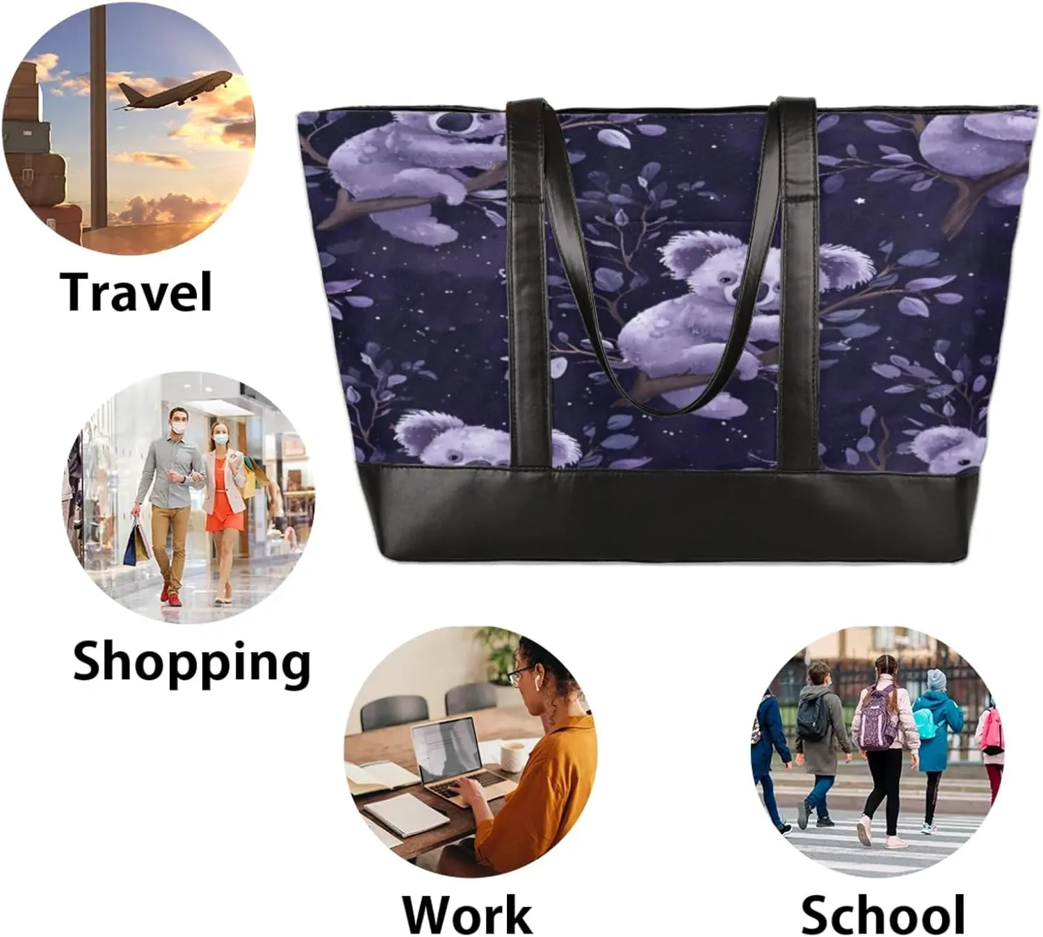 Women Tote Bag with Zipper, Shopper Handbag Travel Purse, PU Leather Laptop Tote Bags, Weekender Bags
