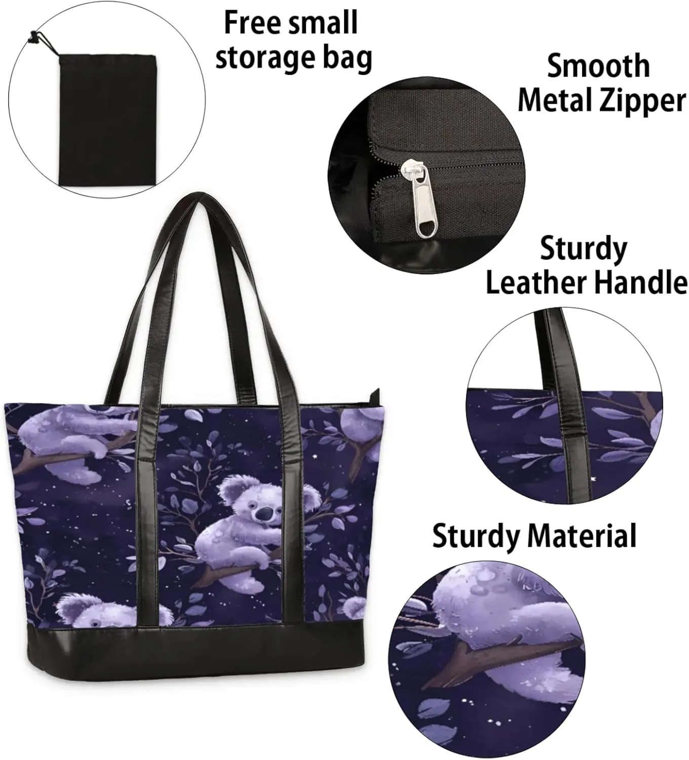 Women Tote Bag with Zipper, Shopper Handbag Travel Purse, PU Leather Laptop Tote Bags, Weekender Bags