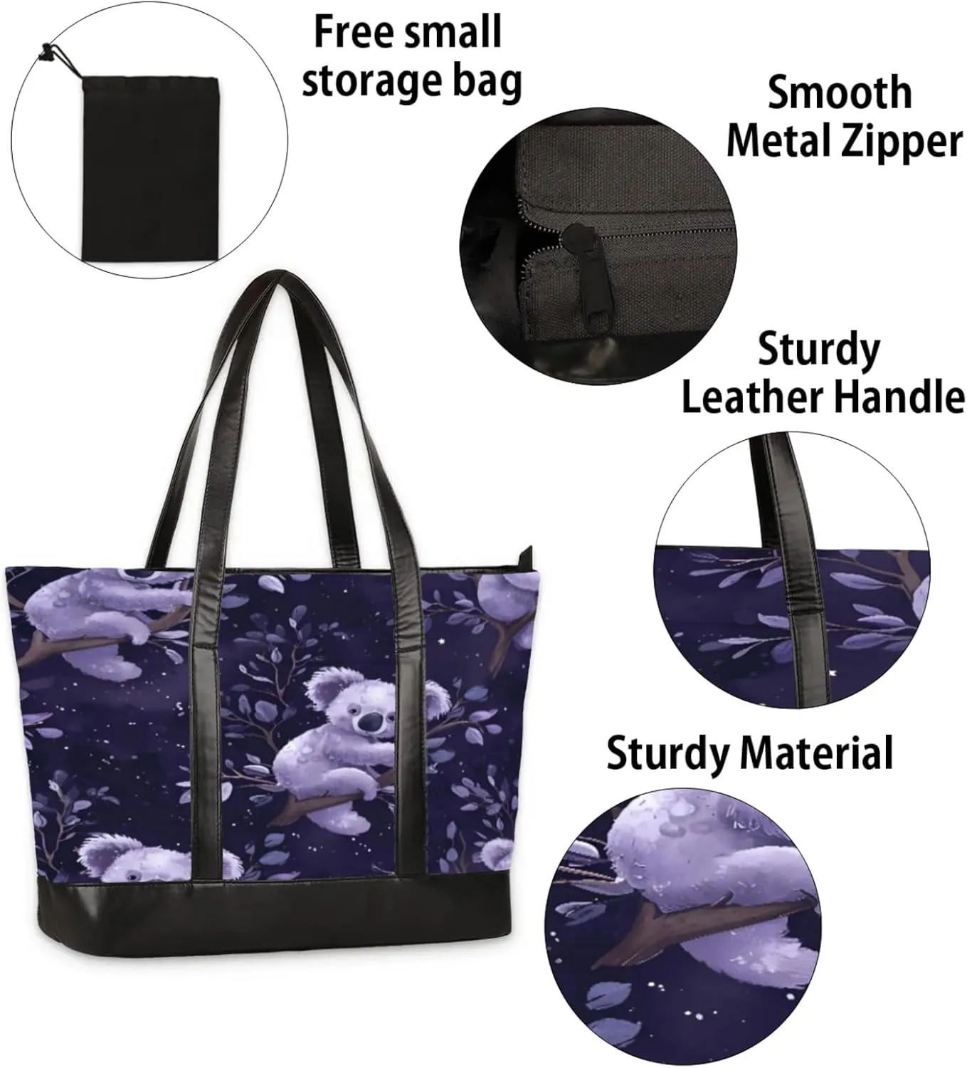 Women Tote Bag with Zipper, Shopper Handbag Travel Purse, PU Leather Laptop Tote Bags, Weekender Bags