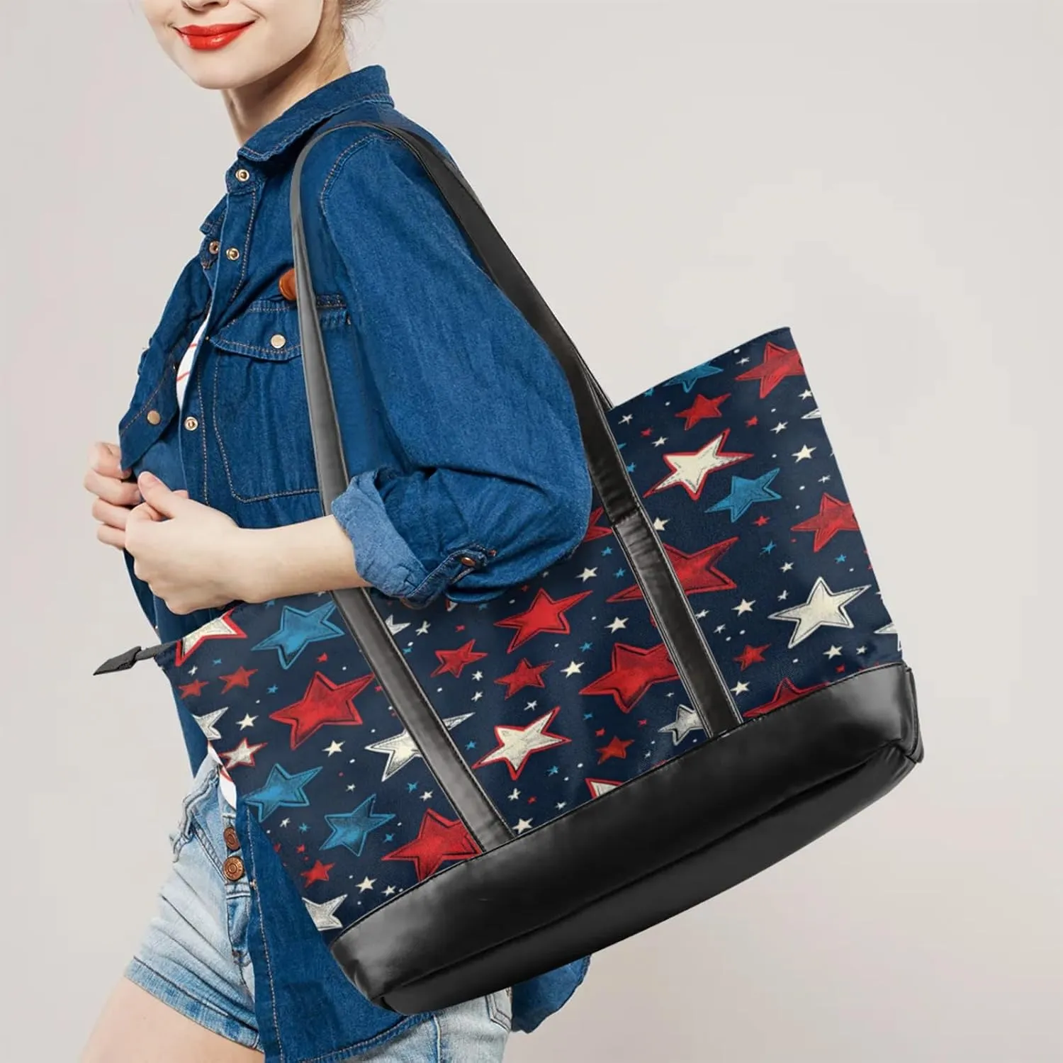 Women Tote Bag with Zipper, Shopper Handbag Travel Purse, PU Leather Laptop Tote Bags, Weekender Tote Bags