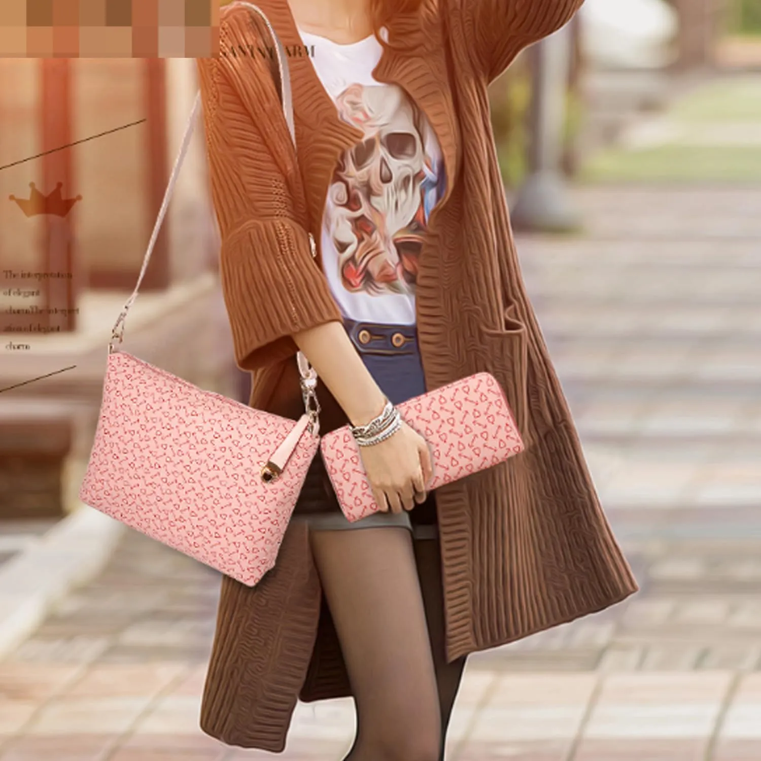 Women Totes Purse Satchel 6pcs Faux Leather Arrow Printing Handbag Shoulder Bag Clutch Wallet