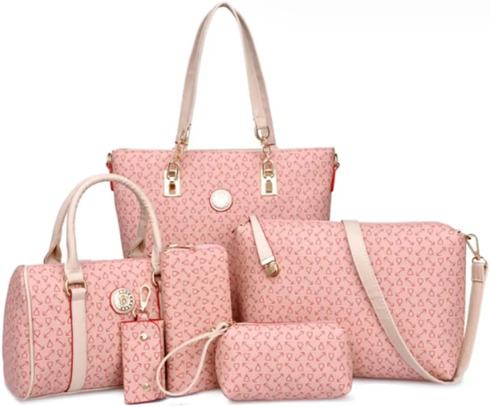 Women Totes Purse Satchel 6pcs Faux Leather Arrow Printing Handbag Shoulder Bag Clutch Wallet