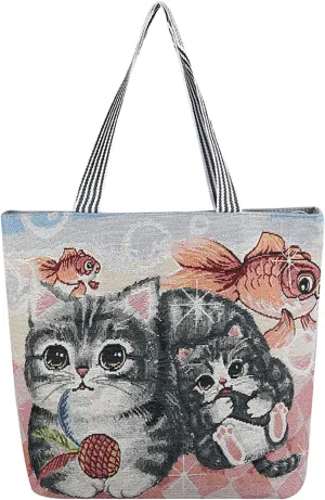 Women's Canvas Cat Print Shoulder Bag - Cat Graphic Hobo Crossbody Handbag