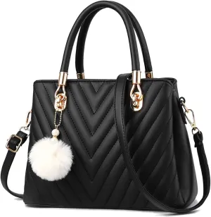 Womens Fashion Leather Handbags Quilted Purses Top-handle Totes Satchel Bag for Ladies Shoulder Bag for Women with Pompom