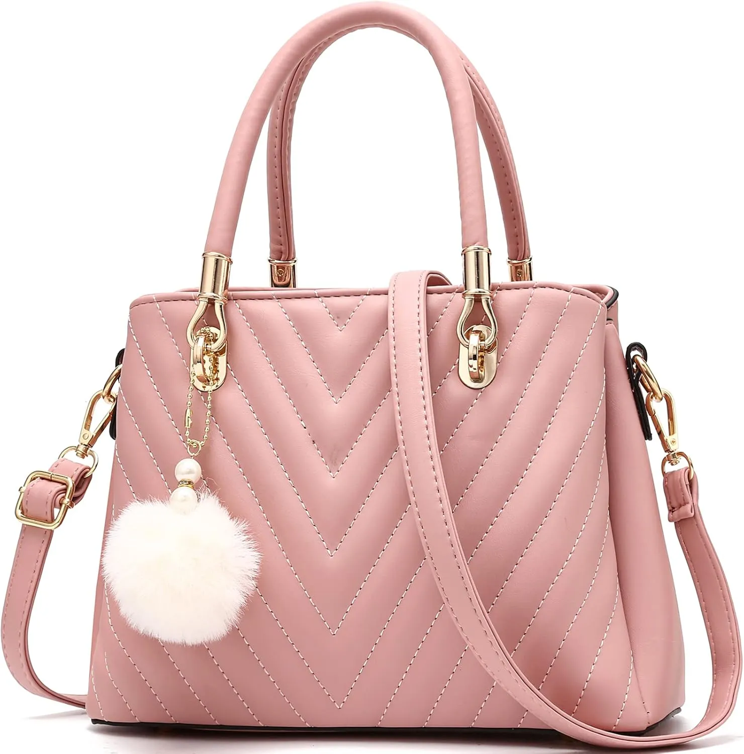 Womens Fashion Leather Handbags Quilted Purses Top-handle Totes Satchel Bag for Ladies Shoulder Bag for Women with Pompom