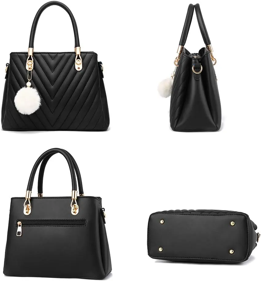 Womens Fashion Leather Handbags Quilted Purses Top-handle Totes Satchel Bag for Ladies Shoulder Bag for Women with Pompom