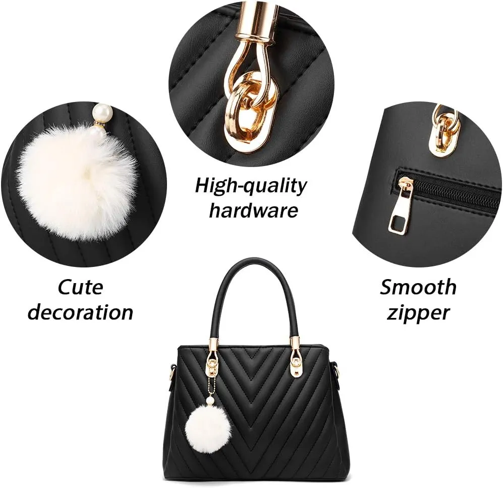 Womens Fashion Leather Handbags Quilted Purses Top-handle Totes Satchel Bag for Ladies Shoulder Bag for Women with Pompom