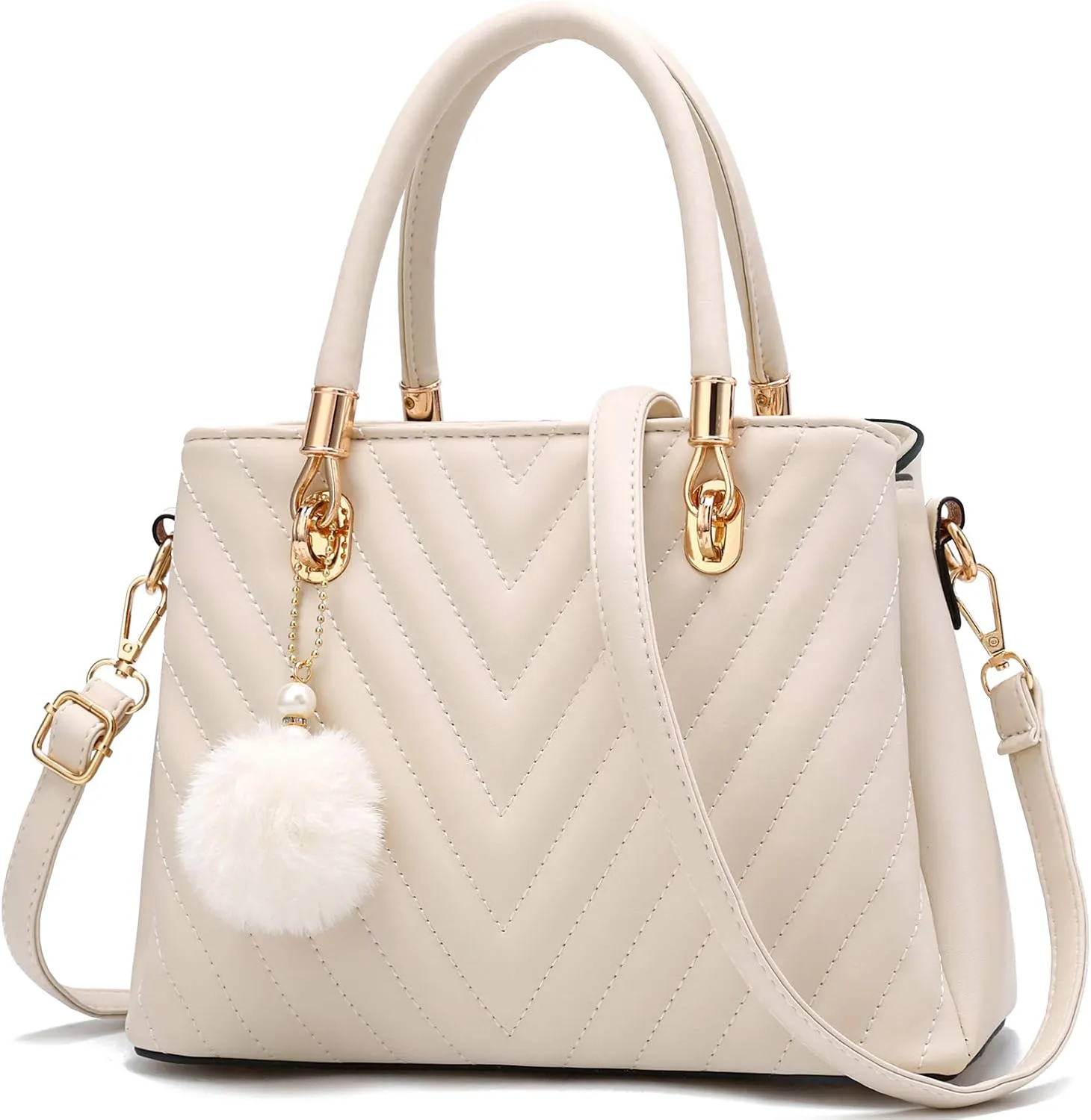 Womens Fashion Leather Handbags Quilted Purses Top-handle Totes Satchel Bag for Ladies Shoulder Bag for Women with Pompom