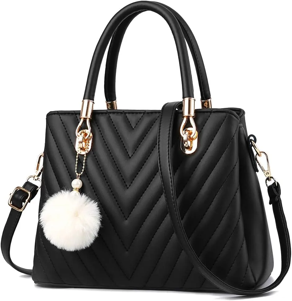 Womens Fashion Leather Handbags Quilted Purses Top-handle Totes Satchel Bag for Ladies Shoulder Bag for Women with Pompom