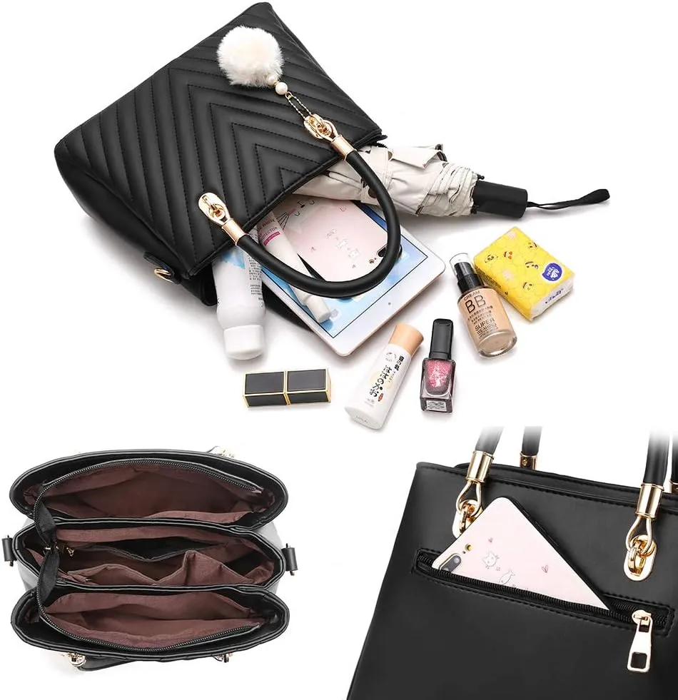 Womens Fashion Leather Handbags Quilted Purses Top-handle Totes Satchel Bag for Ladies Shoulder Bag for Women with Pompom