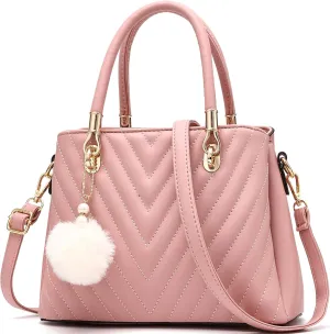 Womens Fashion Leather Handbags Quilted Purses Top-handle Totes Satchel Bag for Ladies Shoulder Bag for Women with Pompom