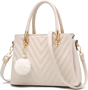 Womens Fashion Leather Handbags Quilted Purses Top-handle Totes Satchel Bag for Ladies Shoulder Bag for Women with Pompom