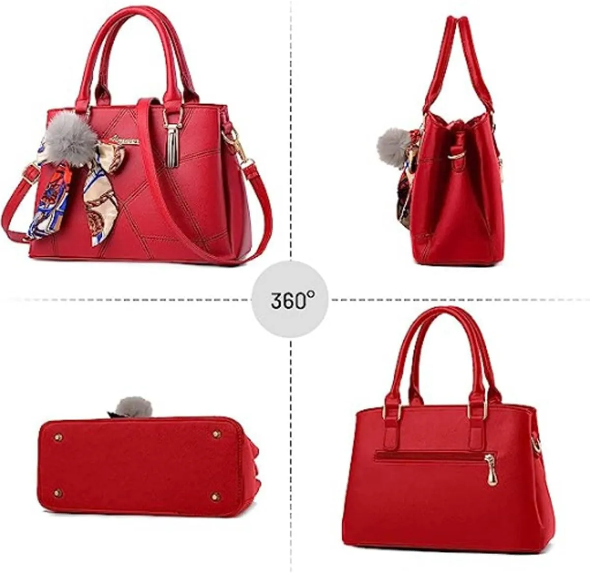 Womens Leather Handbags Purses Top-handle Totes Satchel Shoulder Bag for Ladies With Pompon and Bowknot