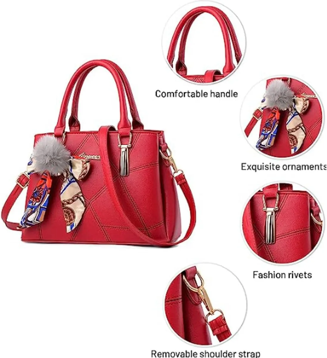 Womens Leather Handbags Purses Top-handle Totes Satchel Shoulder Bag for Ladies With Pompon and Bowknot