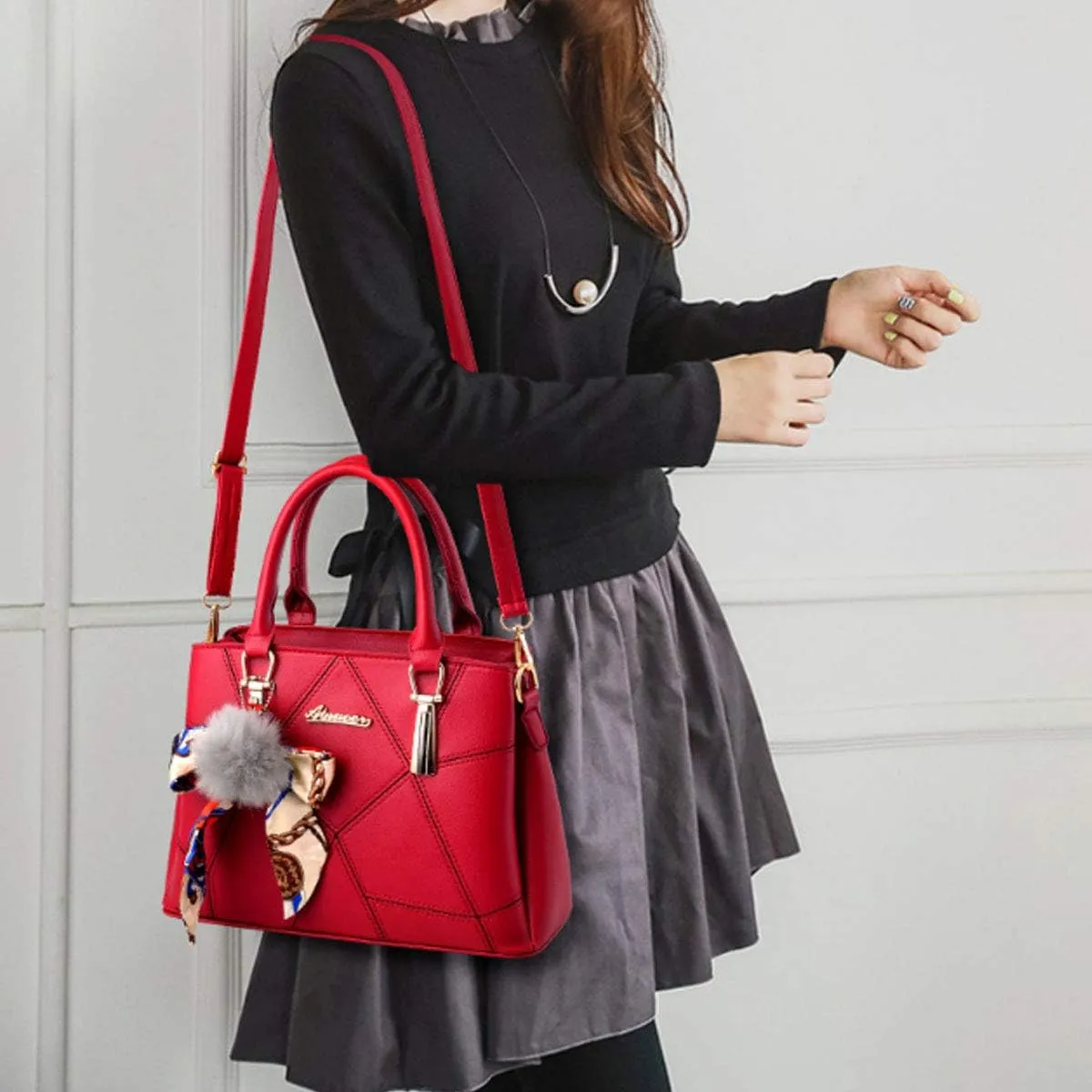 Womens Leather Handbags Purses Top-handle Totes Satchel Shoulder Bag for Ladies With Pompon and Bowknot