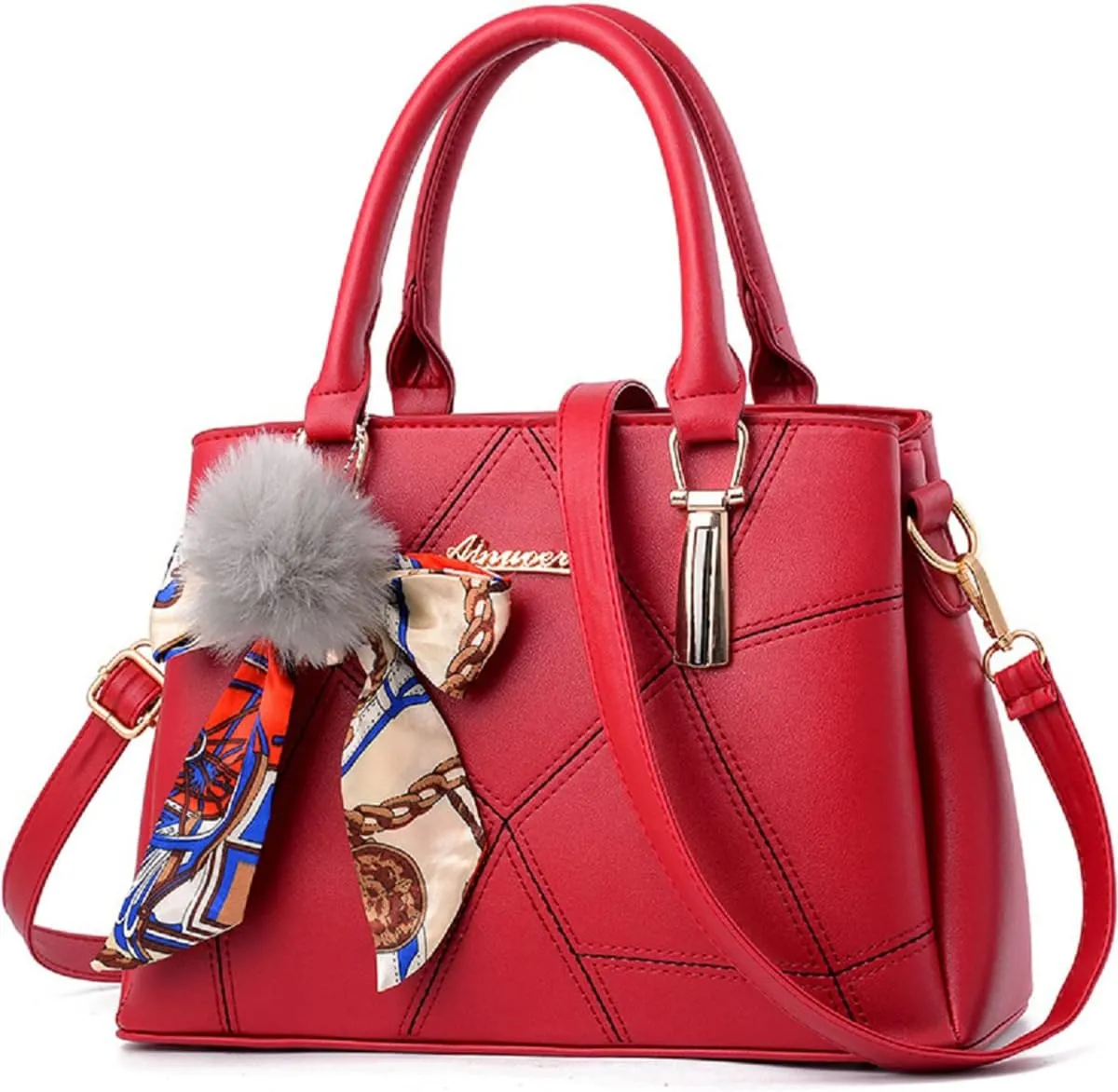 Womens Leather Handbags Purses Top-handle Totes Satchel Shoulder Bag for Ladies With Pompon and Bowknot