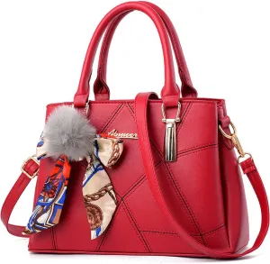 Womens Leather Handbags Purses Top-handle Totes Satchel Shoulder Bag for Ladies With Pompon and Bowknot