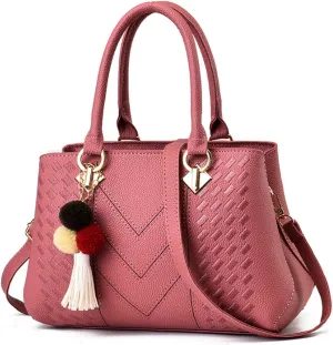 Womens Leather Handbags Purses Top-handle Totes Satchel Shoulder Bag for Ladies with Pompon and Tassel