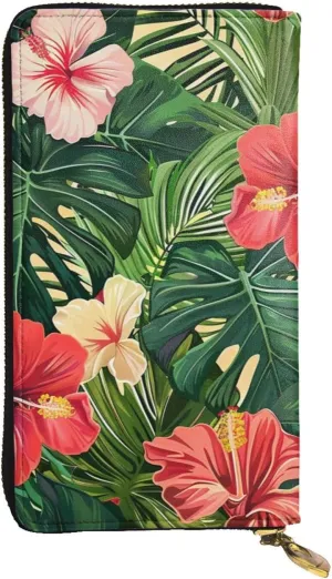Women's Leather Wallet - Vegetation Leaves with Hibiscus Flowers Prints Coin Purse Travel Card Holder Zipper Purse Cell Phone Handbag
