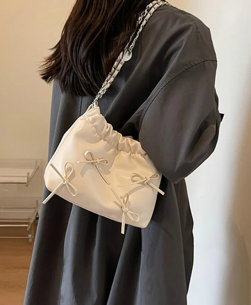 Women's Soft PU Leather Shoulder Bag Y2K Bow Bucket Totes Handbag Fashion Purse Satchel with Chain