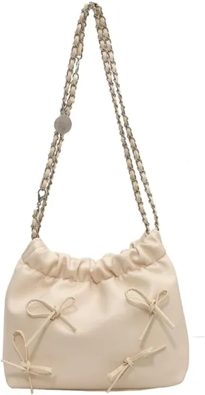 Women's Soft PU Leather Shoulder Bag Y2K Bow Bucket Totes Handbag Fashion Purse Satchel with Chain