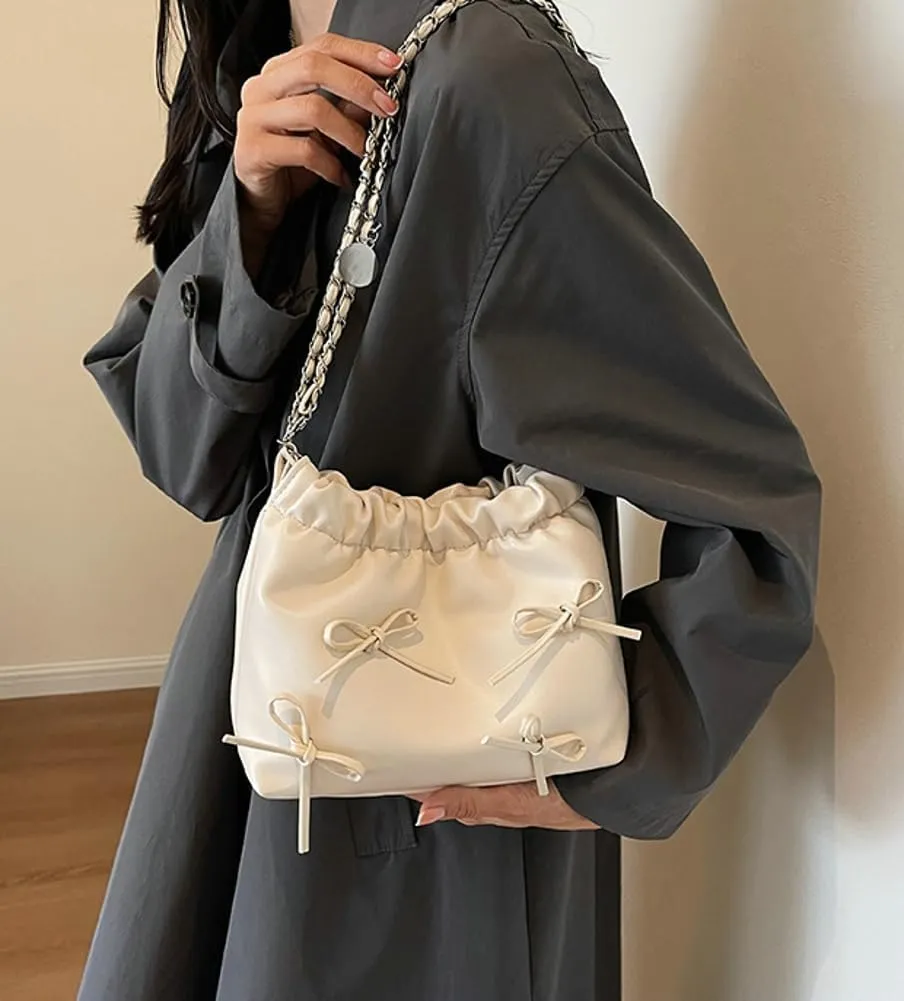 Women's Soft PU Leather Shoulder Bag Y2K Bow Bucket Totes Handbag Fashion Purse Satchel with Chain