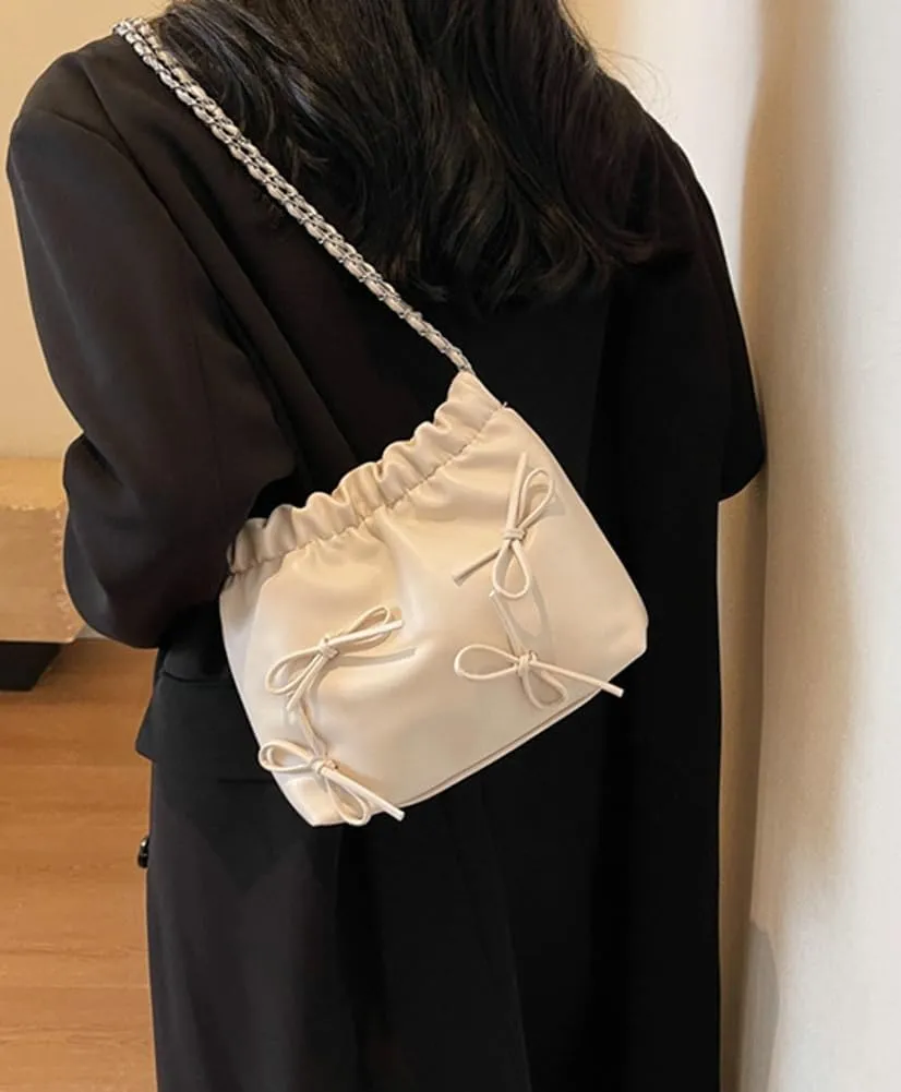 Women's Soft PU Leather Shoulder Bag Y2K Bow Bucket Totes Handbag Fashion Purse Satchel with Chain