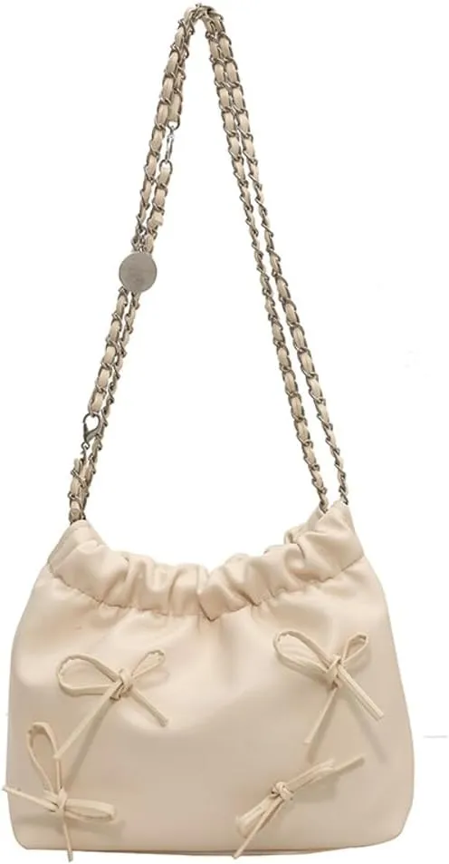 Women's Soft PU Leather Shoulder Bag Y2K Bow Bucket Totes Handbag Fashion Purse Satchel with Chain