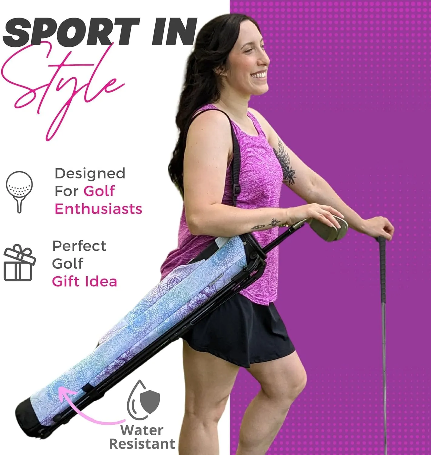Women's Ultralight Sunday Golf Bag | Taboo Fashions Stand Bag | Range Bag, Par 3, Executive Course | Self Flexing Stand, Adjustable Strap (Mandala)