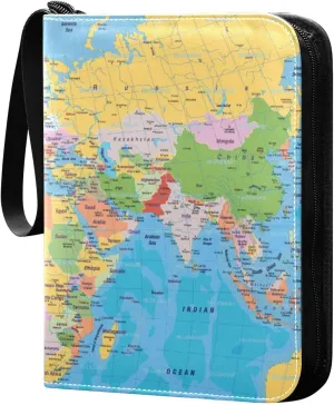 World Map Painting Card Binder 4 Pocket, PU Cover Zipper Card Collection Album, PU Cover Card Collection Binder for 400 Cards