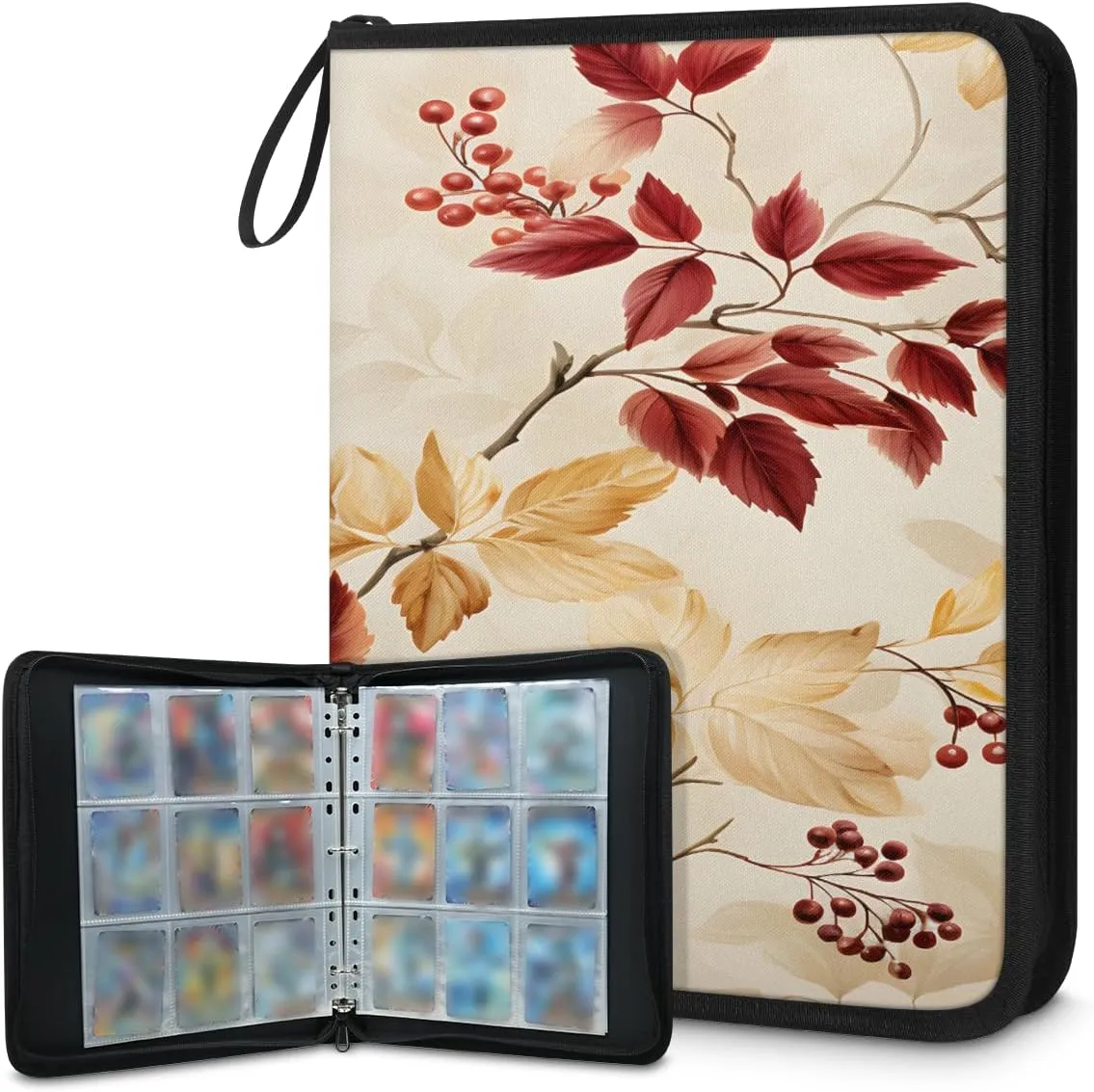 Yellow Purple Maple Leaves 3 Ring Trading Zipper Binder Strap, Trading Card Binder 9 Pocket, 900 Pockets Card Holder with 50 Removable Sleeves for Game Cards